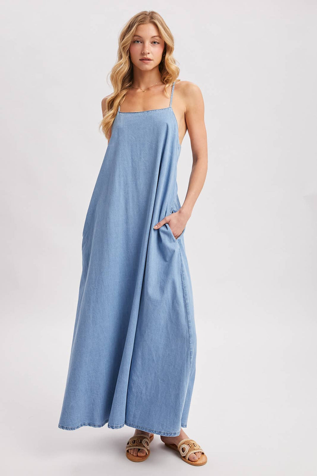 Isadora Open-Back Denim Maxi