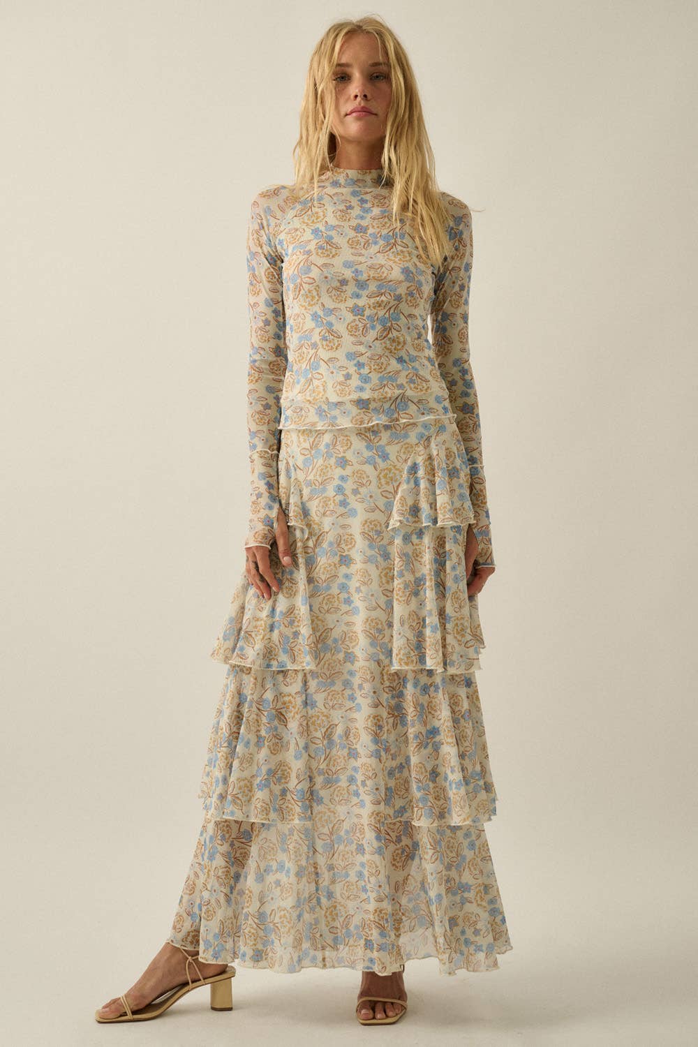 Flora Mesh Side-Ruffle Tiered Maxi Skirt