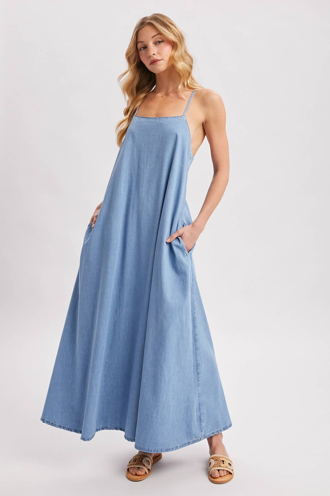 Isadora Open-Back Denim Maxi