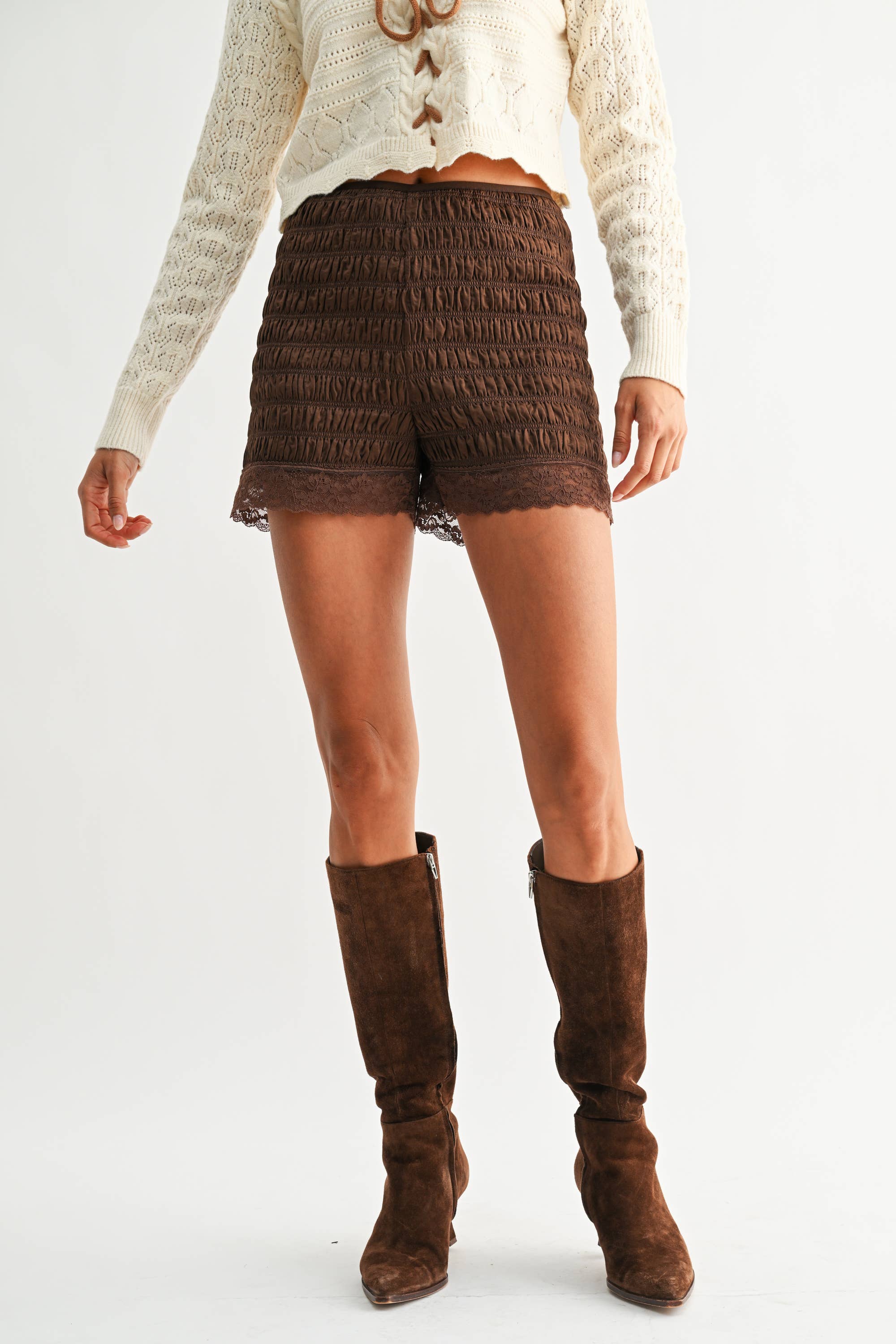 Rio Ruched Lace-Trimmed High Waist Shorts