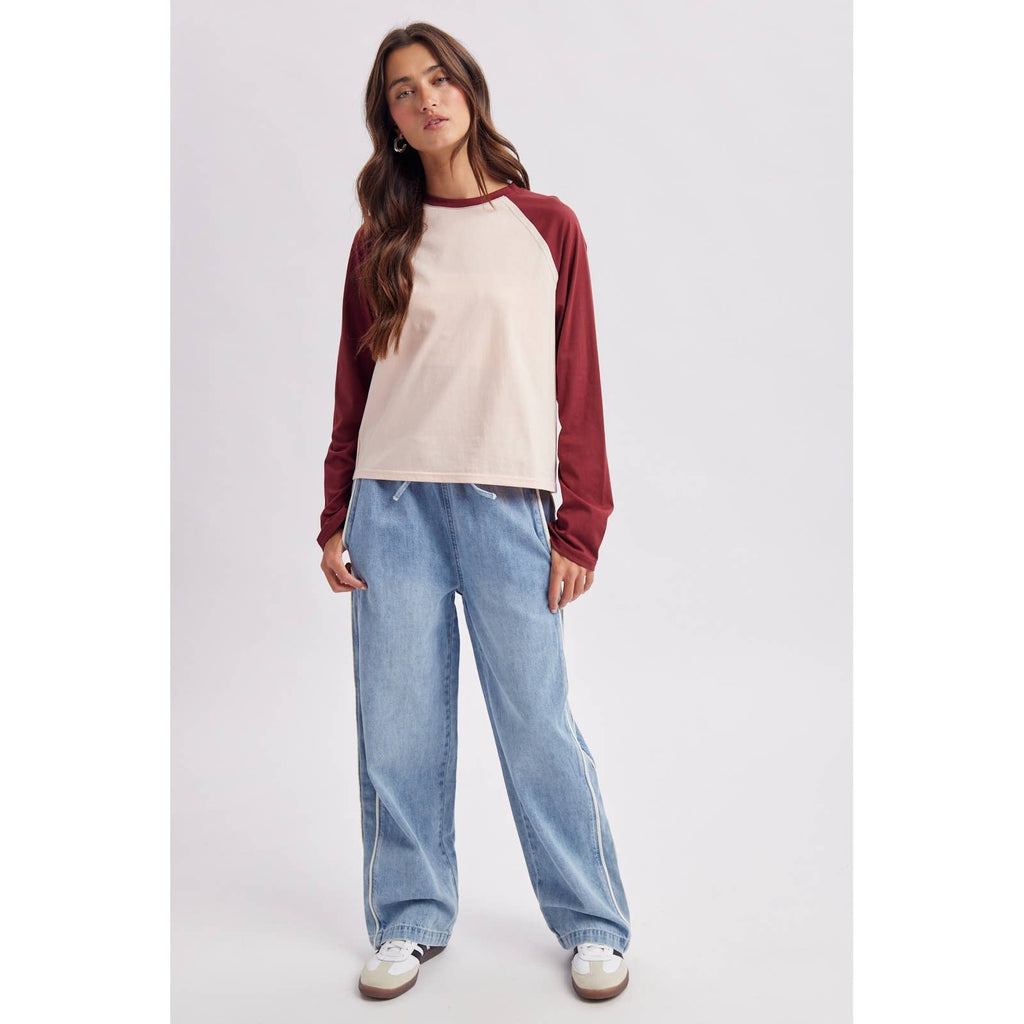 Rio Raglan Baseball Tee - Pink & Burgundy