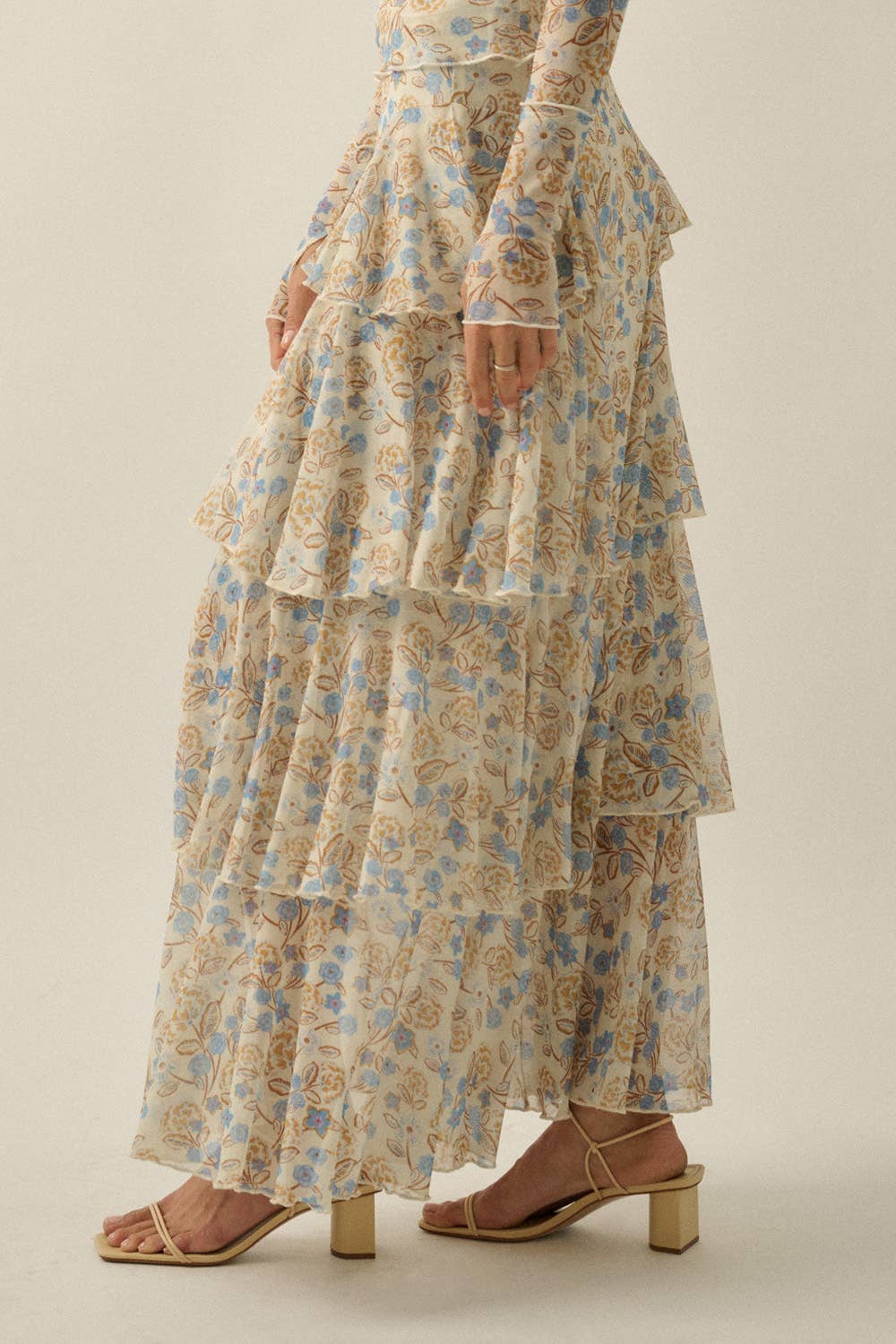Flora Mesh Side-Ruffle Tiered Maxi Skirt