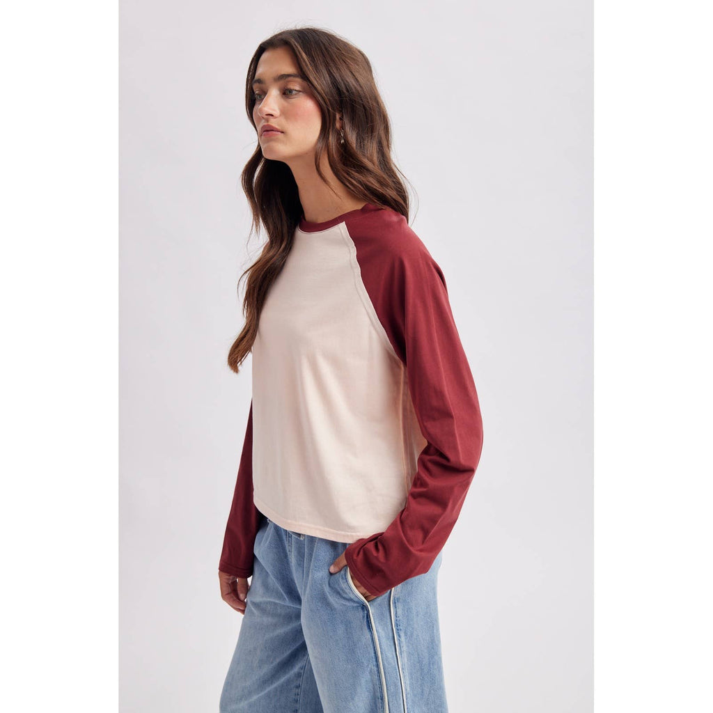 Rio Raglan Baseball Tee - Pink & Burgundy