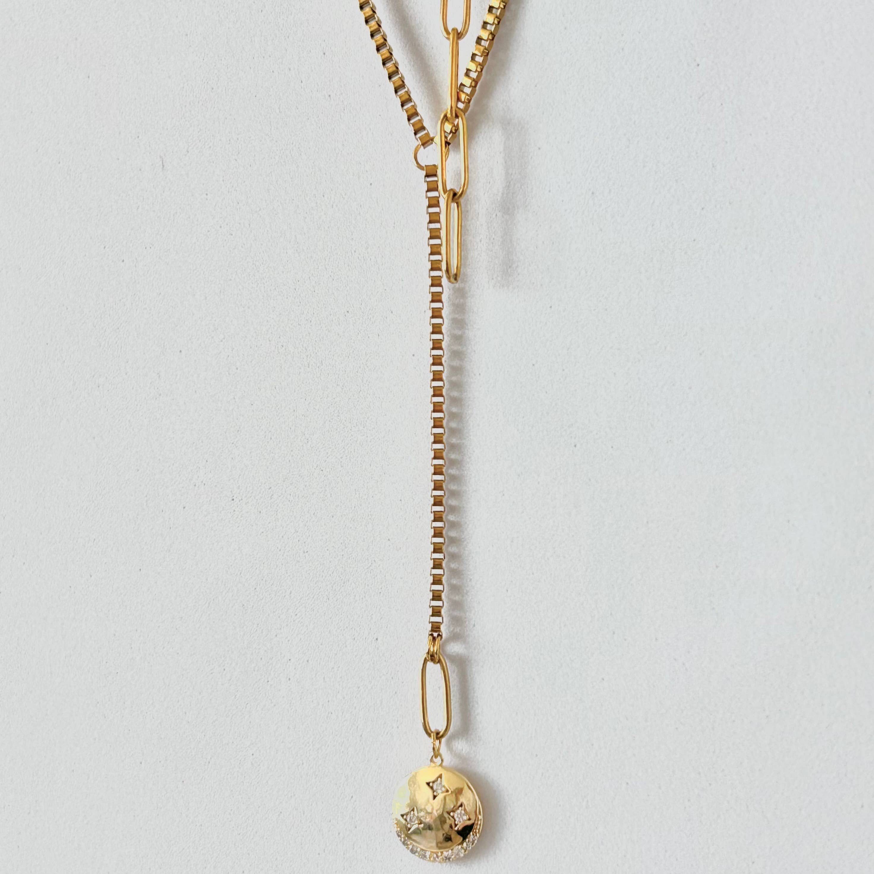 Crescent Moon Lariat Necklace - 18K Gold Plated