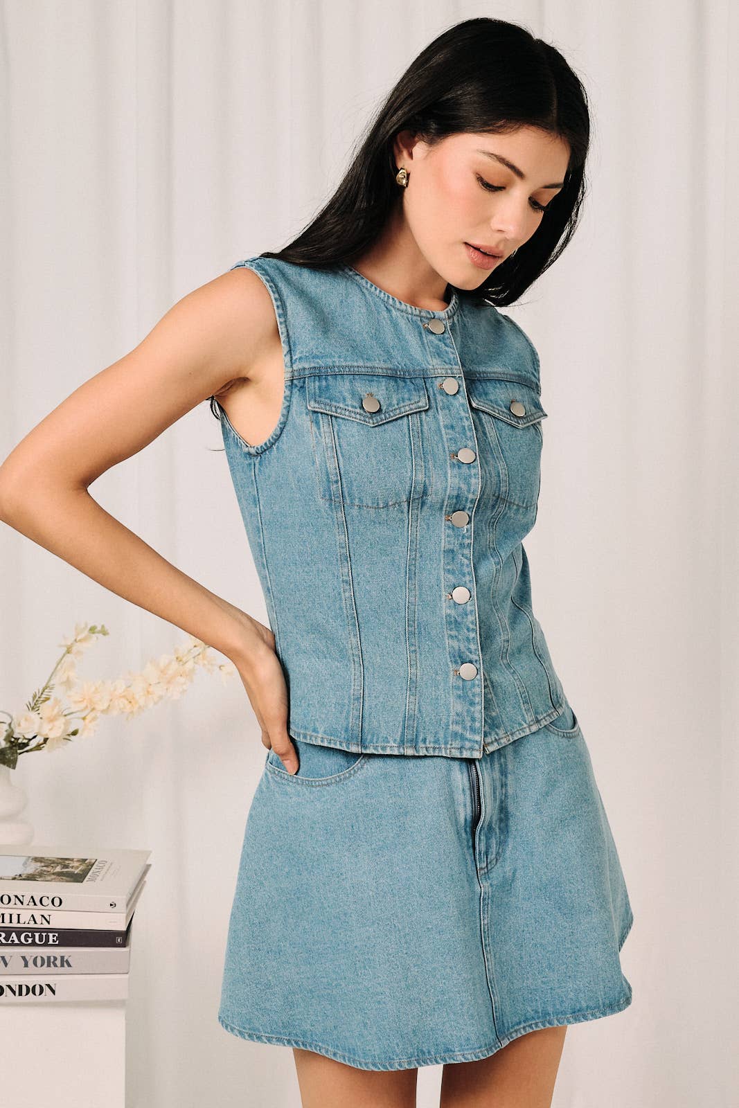 Sleeveless Medium Wash Button Front Denim Vest Top