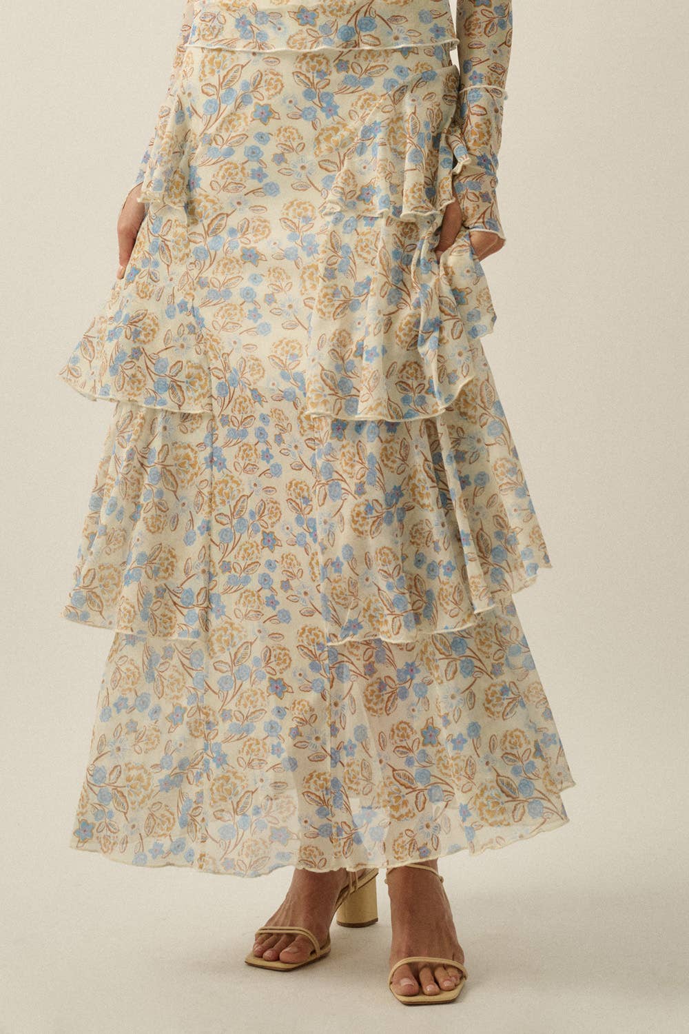 Flora Mesh Side-Ruffle Tiered Maxi Skirt