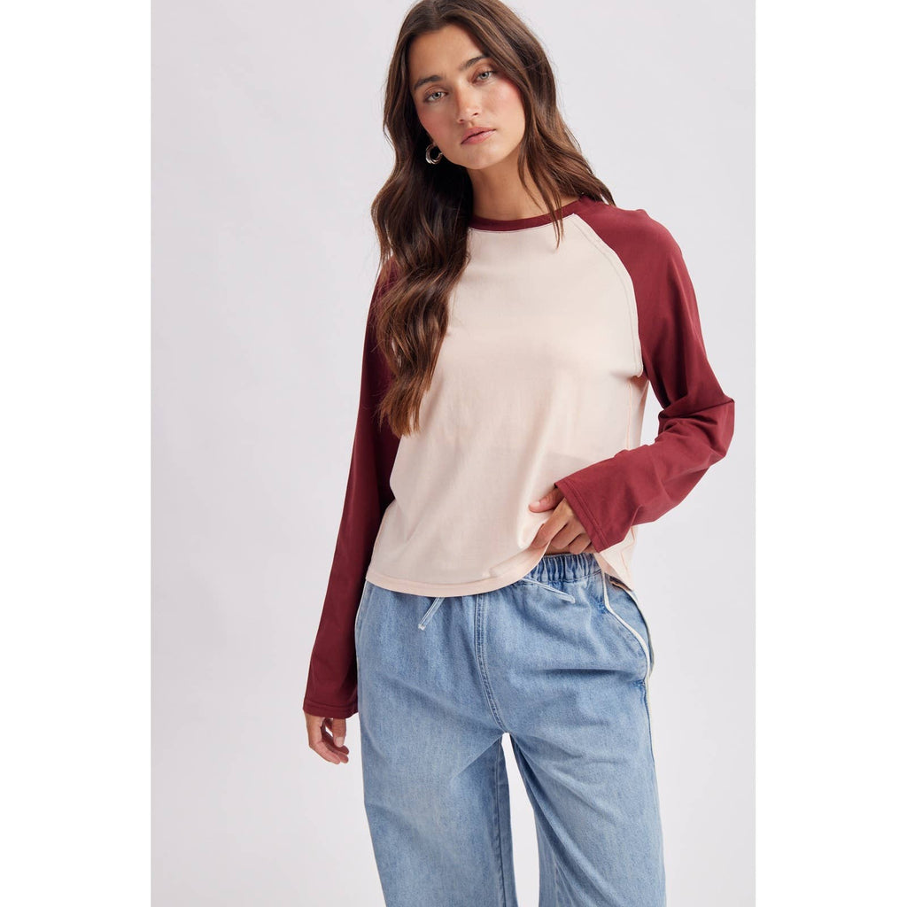 Rio Raglan Baseball Tee - Pink & Burgundy