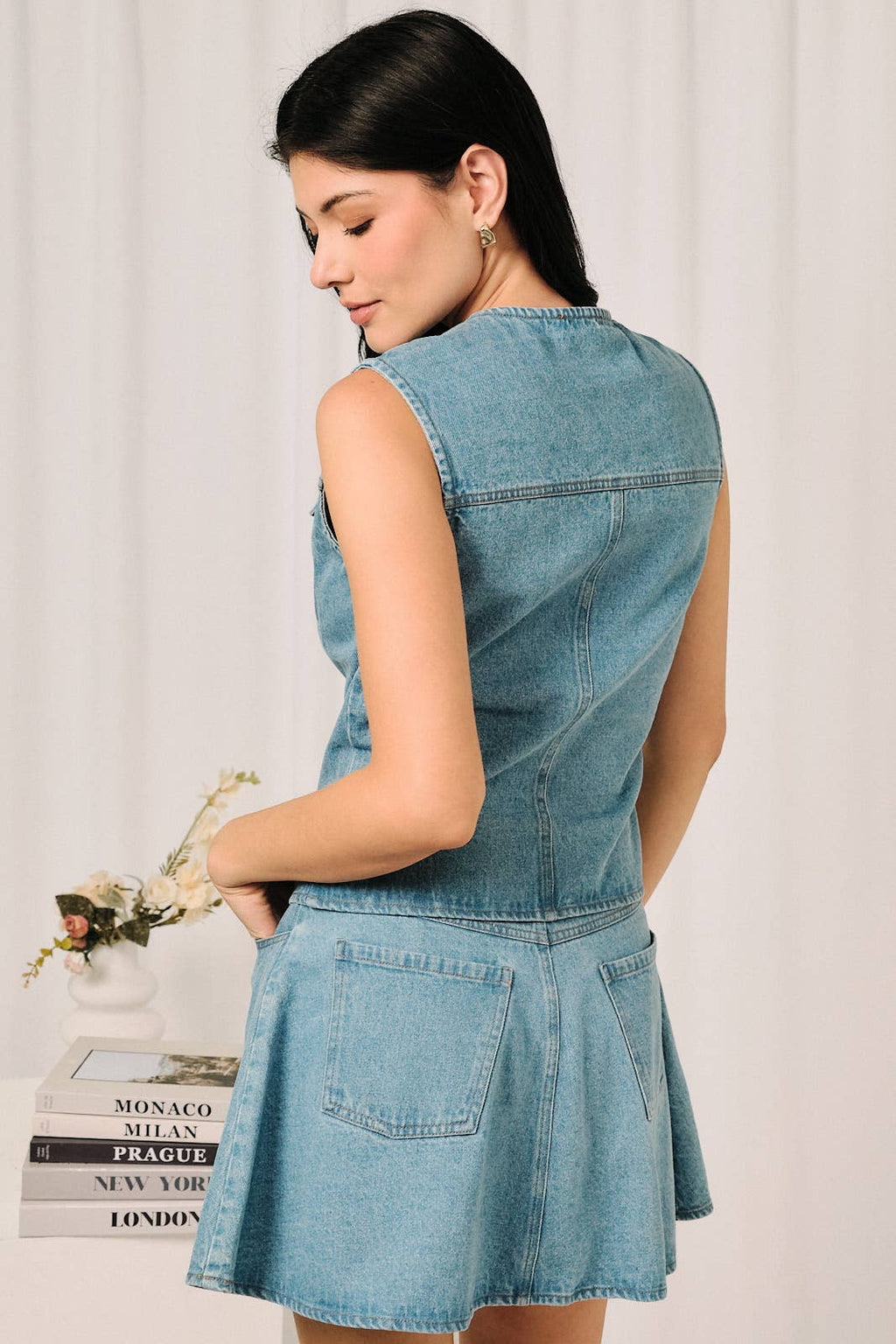 Sleeveless Medium Wash Button Front Denim Vest Top