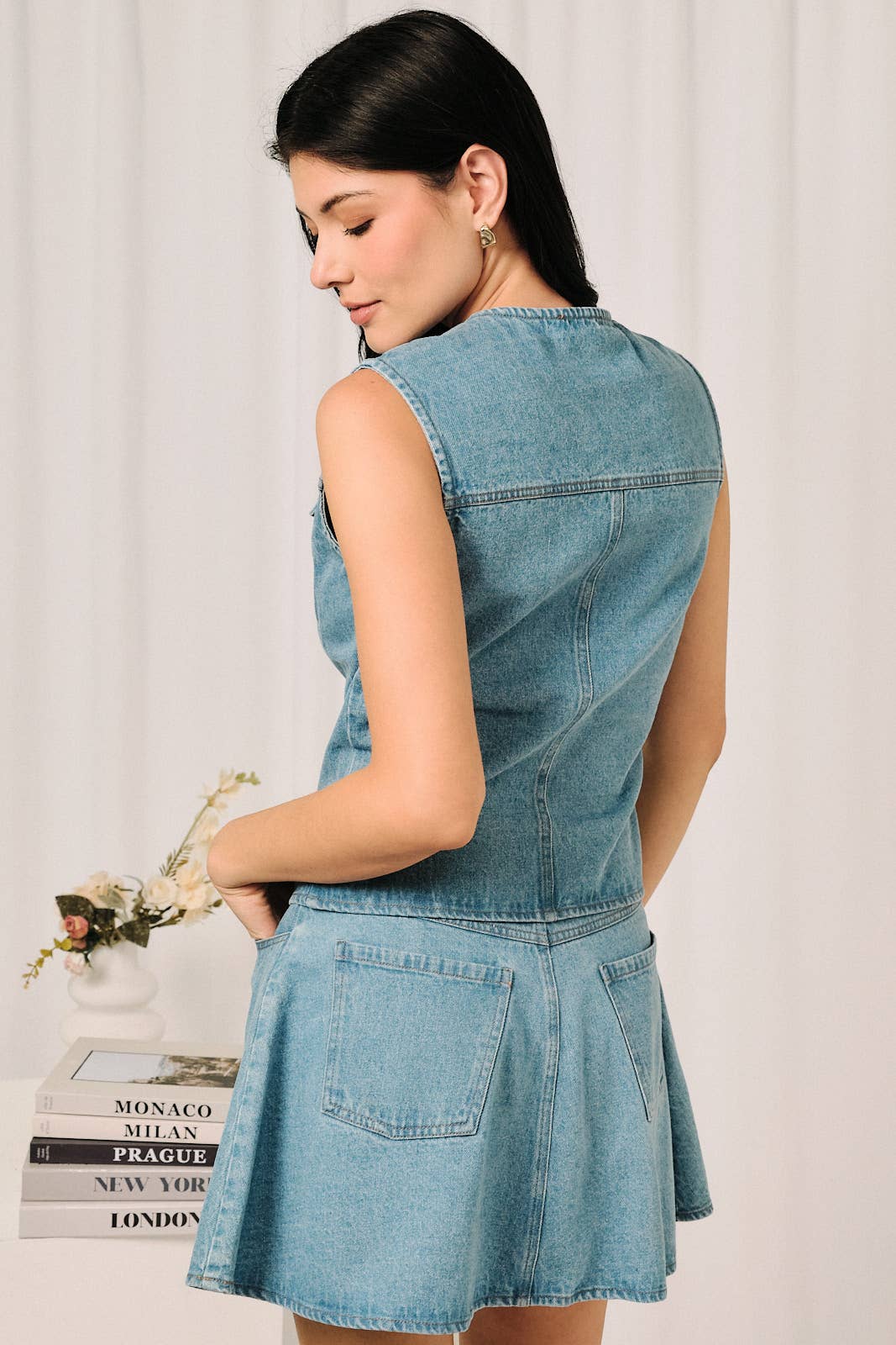 Sleeveless Medium Wash Button Front Denim Vest Top