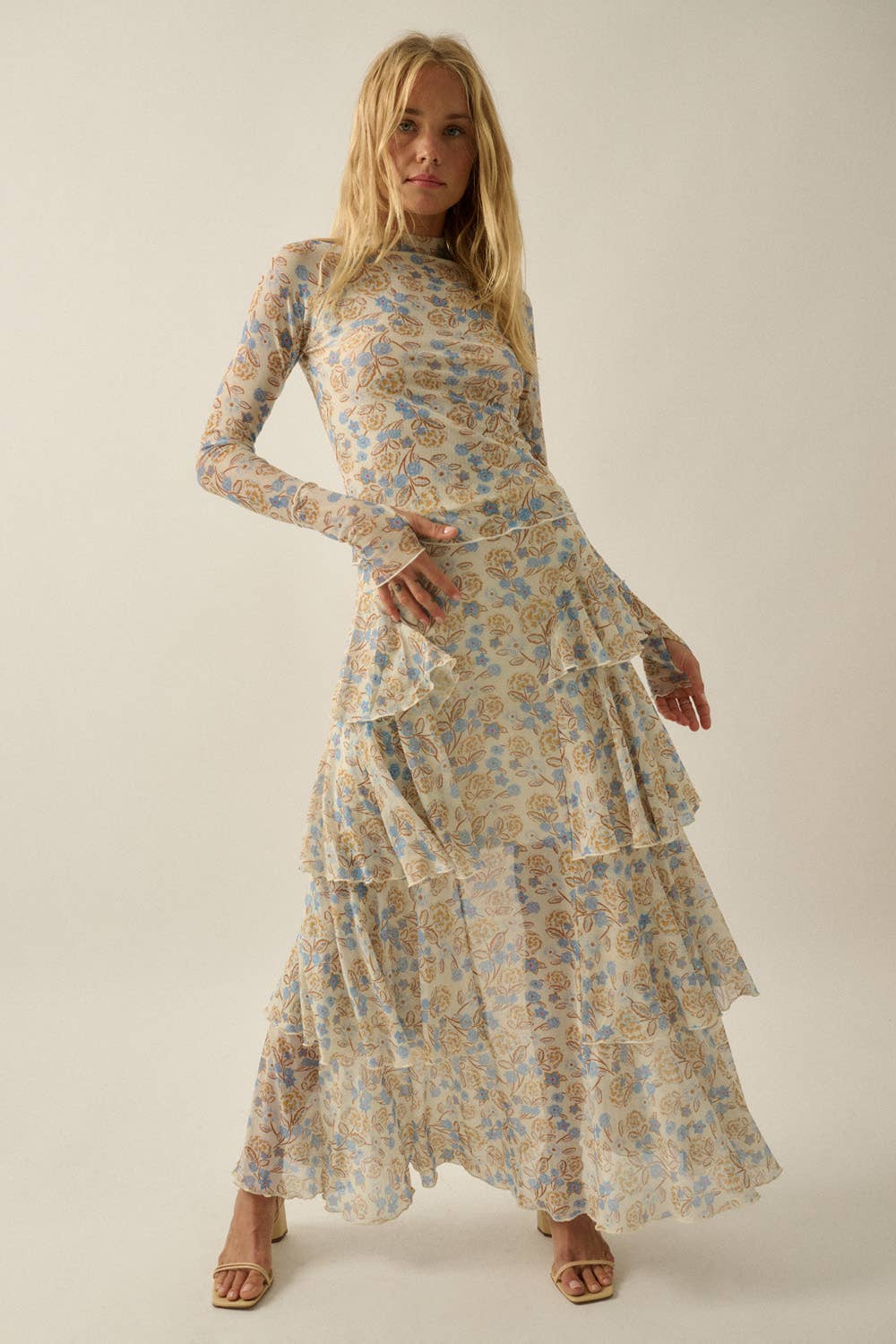 Flora Mesh Side-Ruffle Tiered Maxi Skirt