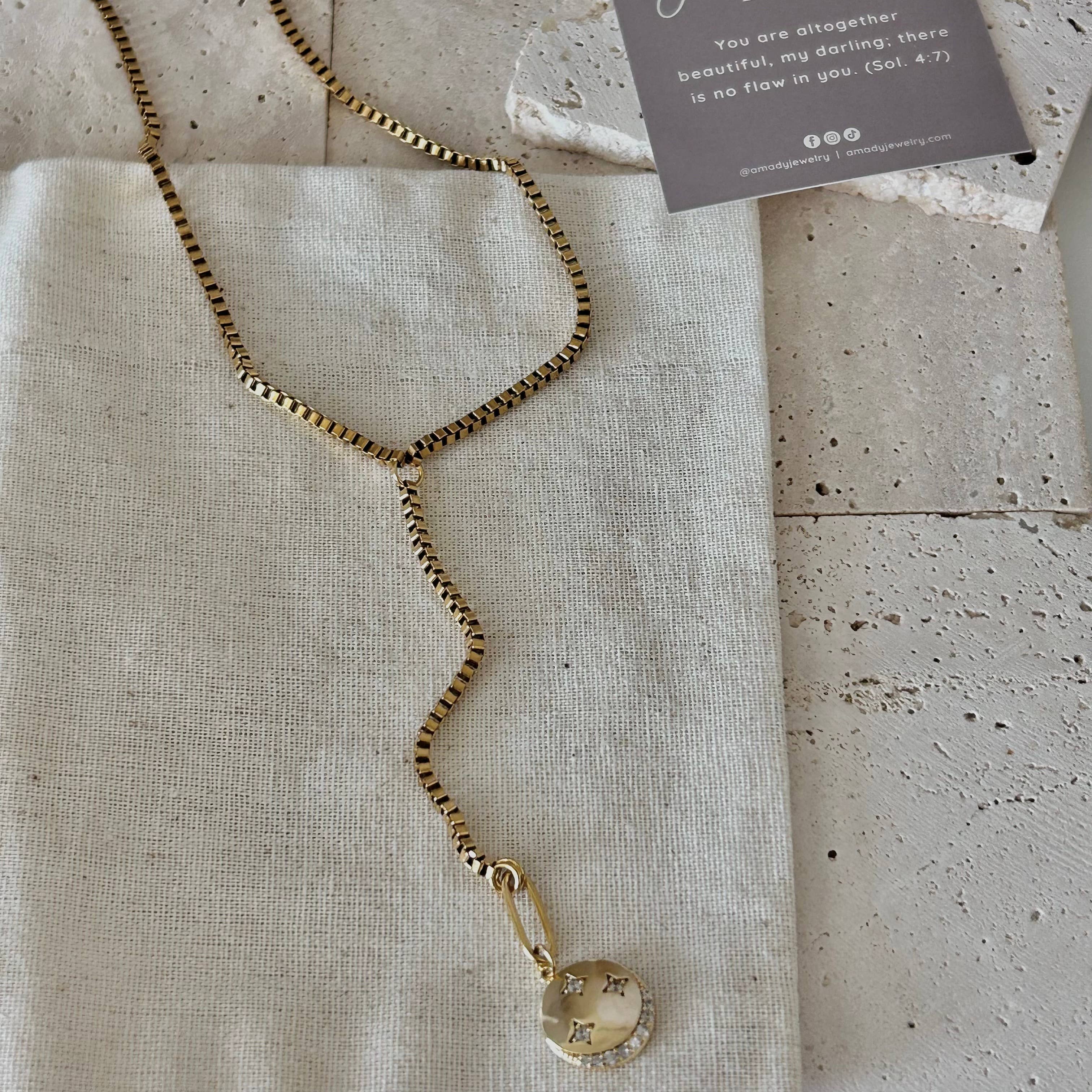 Crescent Moon Lariat Necklace - 18K Gold Plated