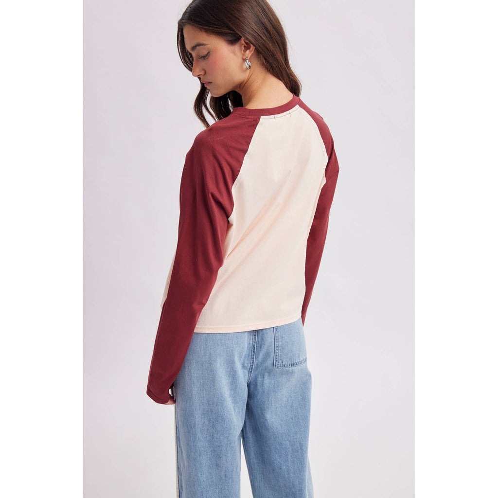 Rio Raglan Baseball Tee - Pink & Burgundy