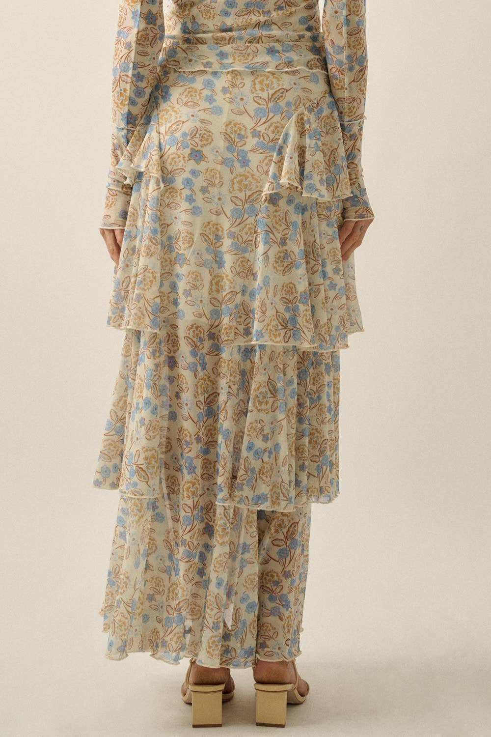 Flora Mesh Side-Ruffle Tiered Maxi Skirt